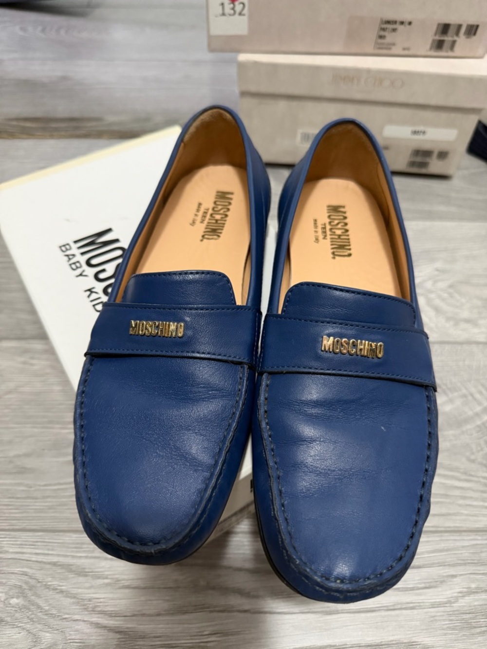 Moschino Navy Blue Leather Penny Loafers with Gold Logo